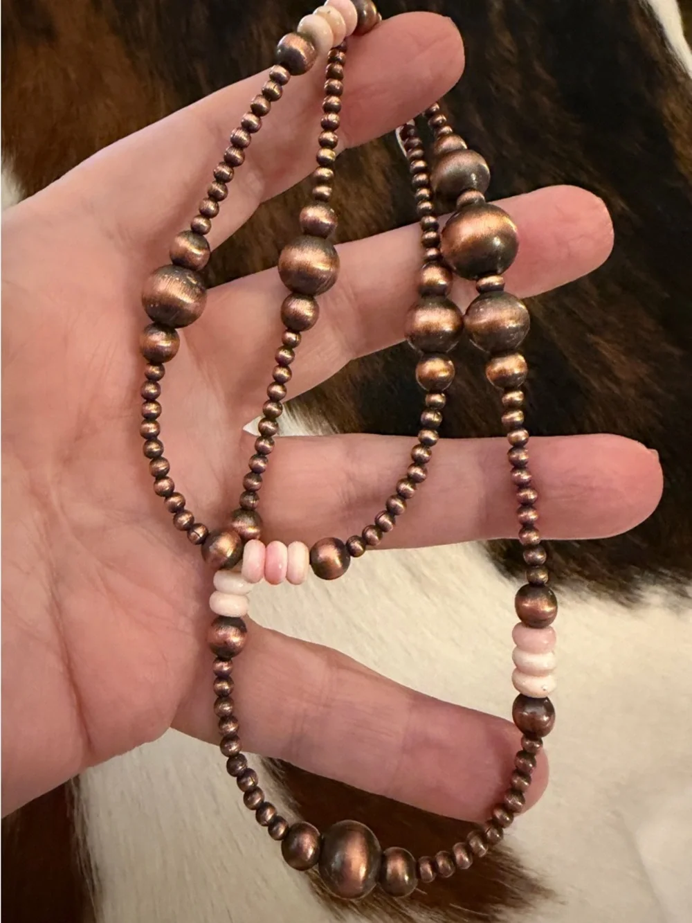 ❤️ Oxidized Copper Desert Pearl Queen Pink Conch Rondel Beads 21” Necklace 29.3G